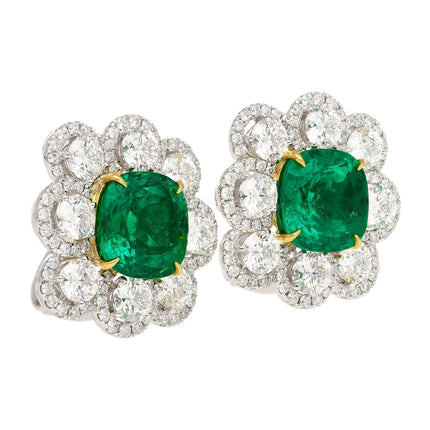 Matching Pair Cushion Cut Colombian Emerald Round Diamond Earrings-Time and Carat