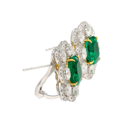 Matching Pair Cushion Cut Colombian Emerald Round Diamond Earrings-Time and Carat