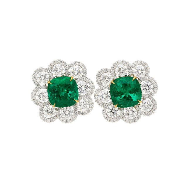 Matching Pair Cushion Cut Colombian Emerald Round Diamond Earrings-Time and Carat