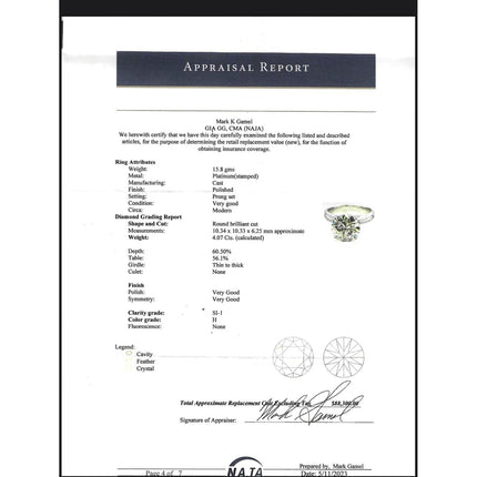 Natural 4.07 Carat H/SI1 Round Diamond Solitaire Wide Shank Ring In Platinum