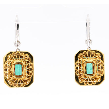 Natural Colombian 7.36 CTTW Emerald & Diamond Halo Dangle Drop 18K Gold Earrings