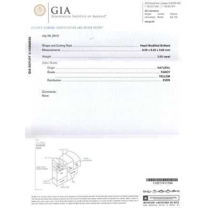 Natural GIA Certified 2.02 Carat Fancy Yellow Diamond Heart Platinum Necklace
