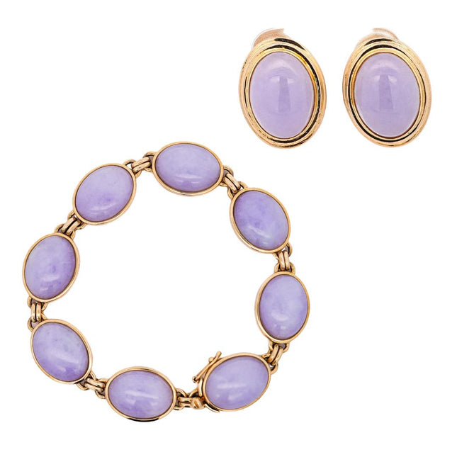 Natural Jadeite Jade Bracelet Earrings Set Oval Cabochon Lavender Purple 14K Gold Bezel Vintage Gumps-Time and Carat