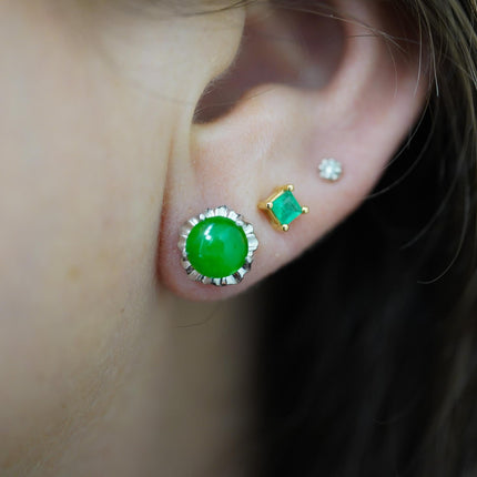 Natural Jadeite Jade Stud Earrings Round Cabochon Platinum White Gold Scalloped Setting A-Grade-Time and Carat