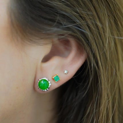 Natural Jadeite Jade Stud Earrings Round Cabochon Platinum White Gold Scalloped Setting A-Grade-Time and Carat