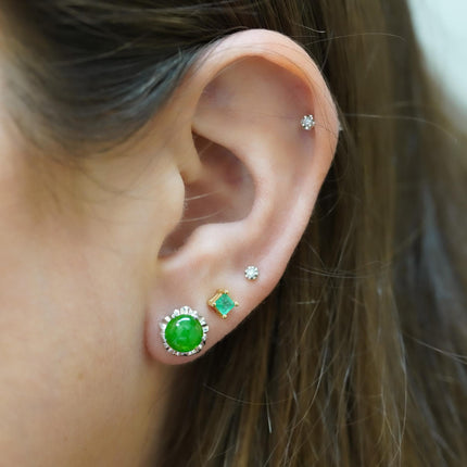 Natural Jadeite Jade Stud Earrings Round Cabochon Platinum White Gold Scalloped Setting A-Grade-Time and Carat