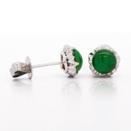Natural Jadeite Jade Stud Earrings Round Cabochon Platinum White Gold Scalloped Setting A-Grade-Time and Carat