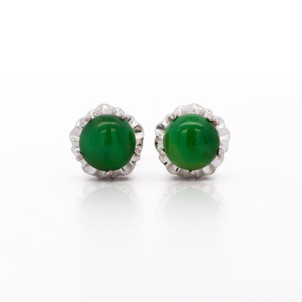 Natural Jadeite Jade Stud Earrings Round Cabochon Platinum White Gold Scalloped Setting A-Grade-Time and Carat