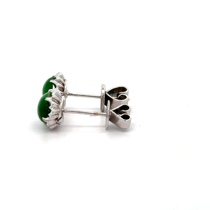 Natural Jadeite Jade Stud Earrings Round Cabochon Platinum White Gold Scalloped Setting A-Grade-Time and Carat