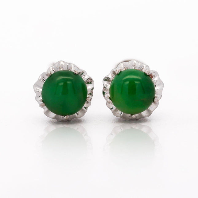Natural Jadeite Jade Stud Earrings Round Cabochon Platinum White Gold Scalloped Setting A-Grade-Time and Carat
