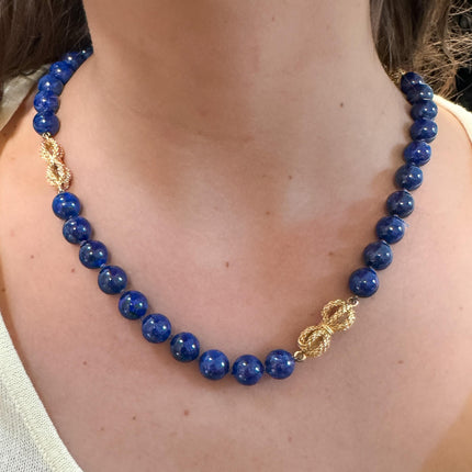 Natural Lapis Lazuli Bead Necklace Round 10mm 18K Yellow Gold Accents Box Clasp Laykin and Co Untreated-Time and Carat