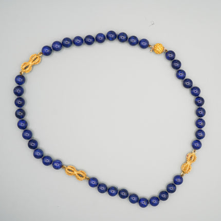 Natural Lapis Lazuli Bead Necklace Round 10mm 18K Yellow Gold Accents Box Clasp Laykin and Co Untreated-Time and Carat