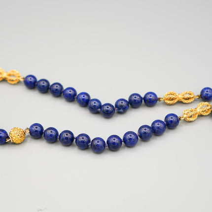Natural Lapis Lazuli Bead Necklace Round 10mm 18K Yellow Gold Accents Box Clasp Laykin and Co Untreated-Time and Carat
