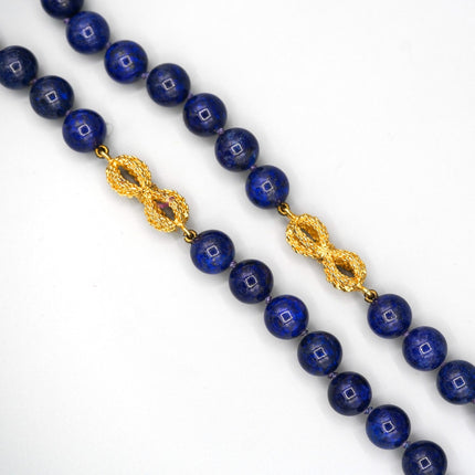 Natural Lapis Lazuli Bead Necklace Round 10mm 18K Yellow Gold Accents Box Clasp Laykin and Co Untreated-Time and Carat
