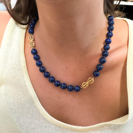 Natural Lapis Lazuli Bead Necklace Round 10mm 18K Yellow Gold Accents Box Clasp Laykin and Co Untreated-Time and Carat