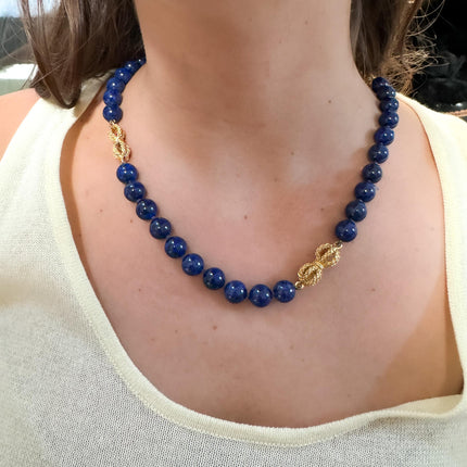 Natural Lapis Lazuli Bead Necklace Round 10mm 18K Yellow Gold Accents Box Clasp Laykin and Co Untreated-Time and Carat
