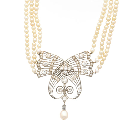 Natural Saltwater Pearl Diamond Necklace Triple Strand Old European Cut Platinum Edwardian Antique-Time and Carat