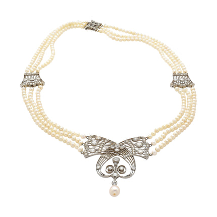 Natural Saltwater Pearl Diamond Necklace Triple Strand Old European Cut Platinum Edwardian Antique-Time and Carat