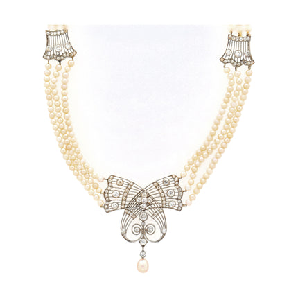 Natural Saltwater Pearl Diamond Necklace Triple Strand Old European Cut Platinum Edwardian Antique-Time and Carat
