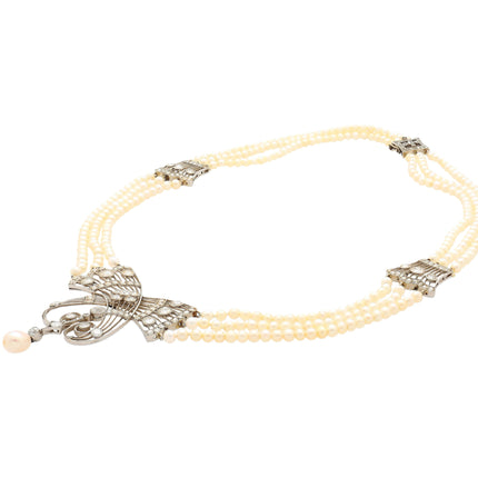Natural Saltwater Pearl Diamond Necklace Triple Strand Old European Cut Platinum Edwardian Antique-Time and Carat