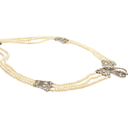 Natural Saltwater Pearl Diamond Necklace Triple Strand Old European Cut Platinum Edwardian Antique-Time and Carat