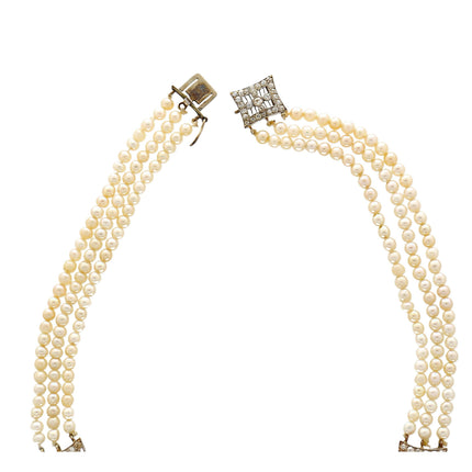 Natural Saltwater Pearl Diamond Necklace Triple Strand Old European Cut Platinum Edwardian Antique-Time and Carat