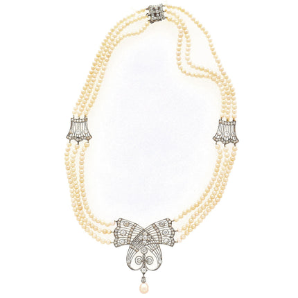 Natural Saltwater Pearl Diamond Necklace Triple Strand Old European Cut Platinum Edwardian Antique-Time and Carat