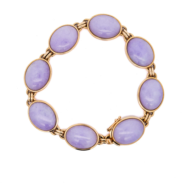 Natural Type A Jadeite Jade Bracelet Oval Cabochon Lavender Purple 14K Gold Bezel Vintage Gumps-Time and Carat