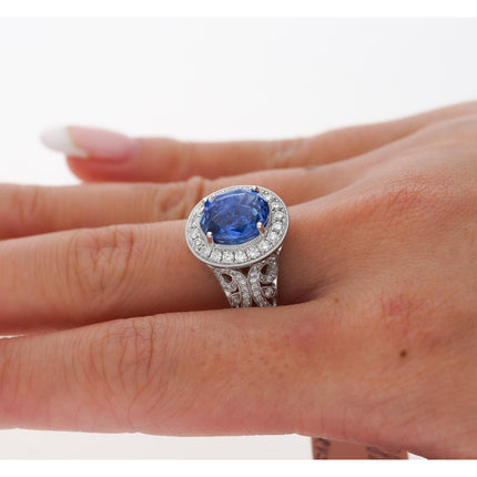 No Heat 4.79 Carat Blue Ceylon Sapphire with Diamonds in 18K Gold Ring