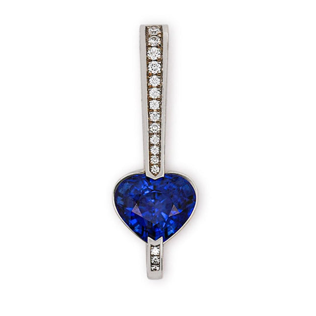 3.50 Carat Heart Cut Sri Lanka Blue Sapphire Diamond Channel Set Bail 18K White Gold Drop Pendant