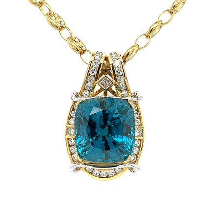 Rare GIA Certified 50 Carat Greenish Blue Zircon Pendant Necklace with Diamonds in Platinum & 18K Yellow Gold