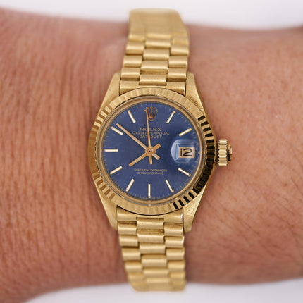 Rolex Lady DateJust 6917 Blue Dial 18K Gold President Bracelet Watch