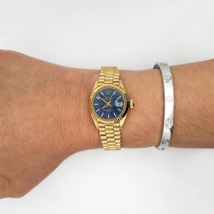 Rolex Lady DateJust 6917 Blue Dial 18K Gold President Bracelet Watch
