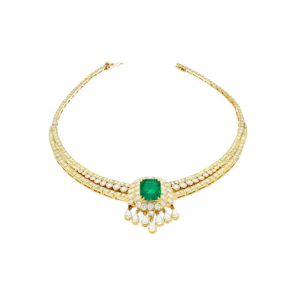 Title: 27.42 Carat Colombian Emerald Diamond Chandelier Choker Necklace Regal Design Pear Diamond-Time and Carat
