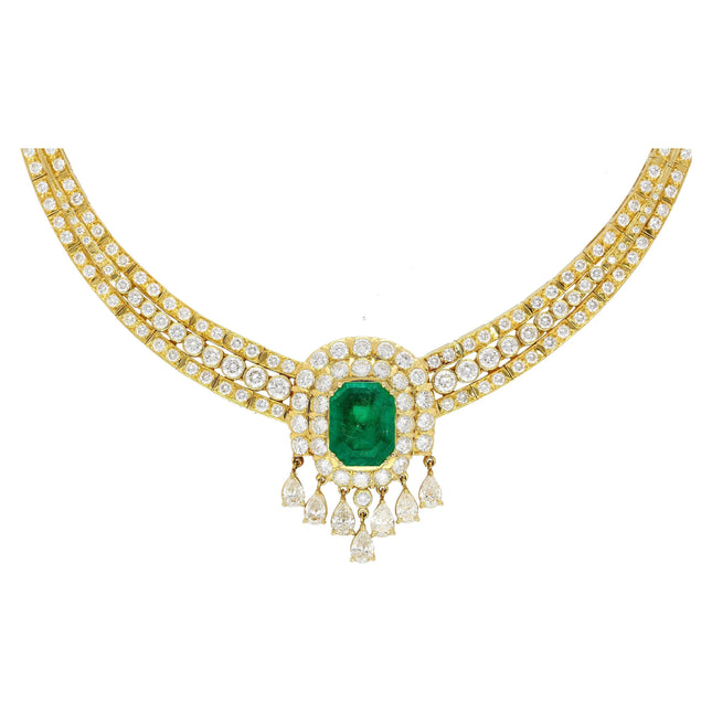 Title: 27.42 Carat Colombian Emerald Diamond Chandelier Choker Necklace Regal Design Pear Diamond-Time and Carat