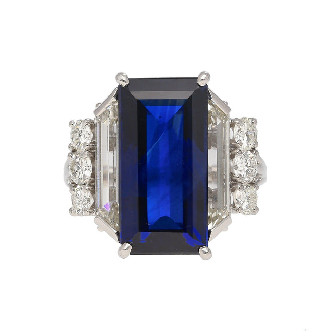 Vintage 8.56 carat Vivid Blue Sapphire and Trapezoid Diamond Ring in Platinum