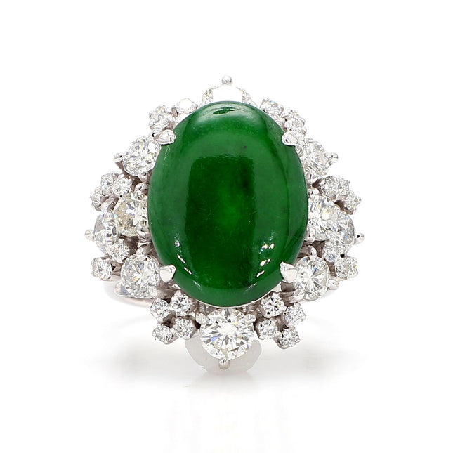 7 Carat Type A Jadeite Jade Oval Cabochon Old Cut Diamond Double Row Starburst Halo 18K White Gold Ring