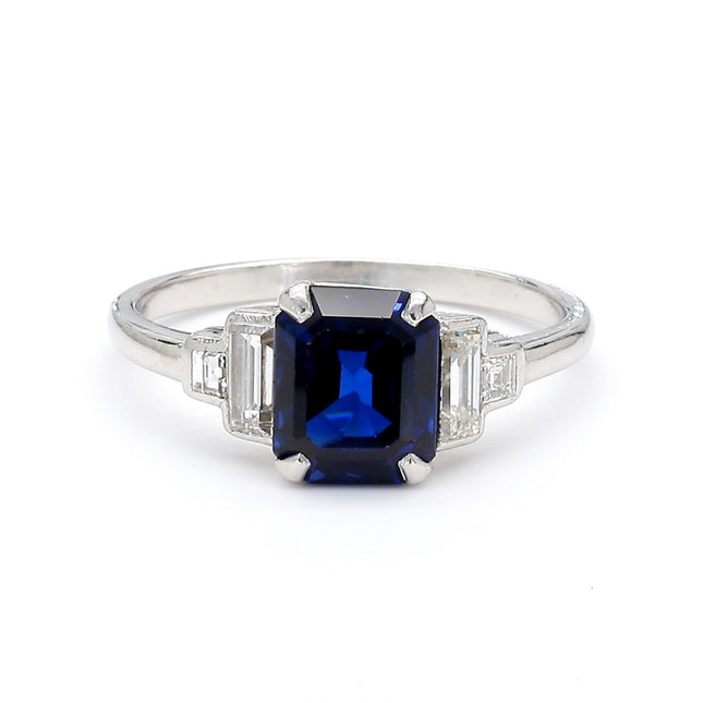 Cartier Signed 2.20 Carat Octagonal Step Cut No Heat Royal Blue Sapphire Baguette Asscher Diamond Platinum Ring